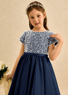 Azazie Cashew Flower Girl Dresses Dark Navy Ball-Gown with Sleeves Matte Satin Dress image6