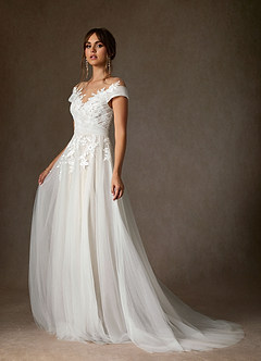 Azazie Cindy Wedding Dresses Diamond White Nude A-Line Illusion Off-The-Shouler Lace Tulle Dress image5