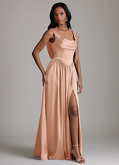 Azazie Novi Vestidos de madrinha de casamento Vestido Rosa Ouro de Cetim elástico de Linha A com com bolsos image5