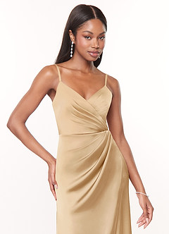 Azazie Maci Brautjungfernkleider A-Linie V-Hals Gefaltet Stretch-Satin Kleid Gold image5