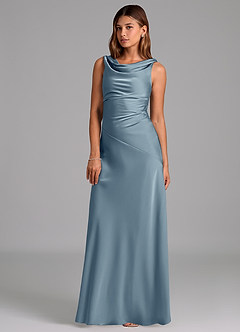 Azazie Nerine Bridesmaid Dresses Dusty Blue A-Line Pleated Stretch Satin Dress image1