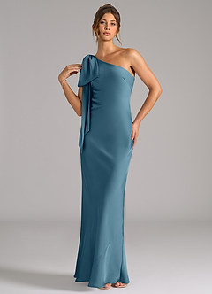 Azazie Capri Probar vestidos en casa Vestido de Salvia Polvorienta de Satén Elástico de Corte Sirena con Hombro unilateral image3