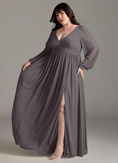 Azazie Norah Bridesmaid Dresses Steel Grey A-Line V-Neck Long Sleeve Chiffon Dress image10