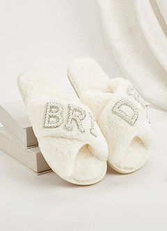 front Bride Fuzzy Slippers with Pearl Letters