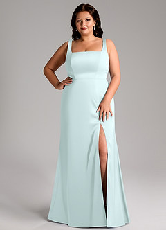 Azazie Frostine Bridesmaid Dresses Sea Glass A-Line Bow Stretch Satin Dress image14