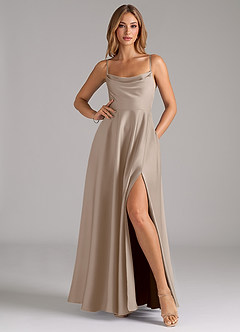Azazie Elle Bridesmaid Dresses Taupe A-Line Pleated Stretch Satin Dress image3