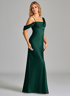 Azazie Celina Bridesmaid Dresses Emerald Sheath Off the Shoulder Stretch Satin Dress image4