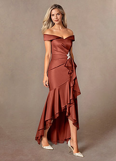 Azazie Billings Mother of the Bride Dresses Terracotta Mermaid Off the Shoulder Stretch Satin Dress image6