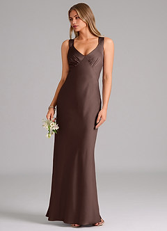 Azazie Kamila At-home Try On Dresses Black A-Line Pleated Stretch Satin Dress image5