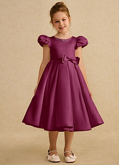 Azazie Pearl Flower Girl Dresses Mulberry Ball-Gown Pleated Matte Satin Dress image5