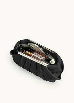 front Ensemble de sandales à talons compensés en satin stretch et pochette plissée assorties