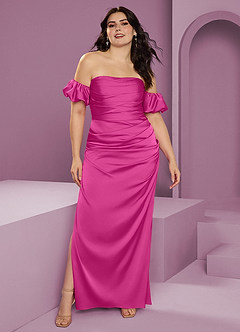 Barbie ♥ Azazie Bridesmaid Dresses Fuchsia Sheath Off the Shoulder Stretch Satin Convertible Dress image9