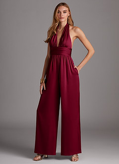 Azazie Oli Bridesmaid Dresses Burgundy Pleated Stretch Satin Jumpsuit image4