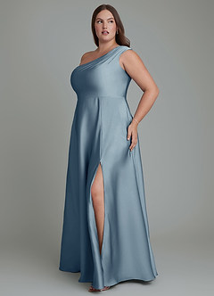 Azazie Melanie Bridesmaid Dresses Dusty Blue A-Line Off the Shoulder Stretch Satin Dress image11