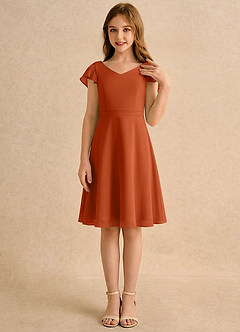 Azazie Narin Girls Formal Robe Demoiselle D'honneur Fillette Robe Trapèze en Mousseline de soie avec manches Orange Brûlée image4