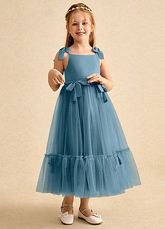 Azazie Jaci Blumenmädchenkleider A-Linie Spaghetti Riemen Chiffon Kleid Bermudablau image3