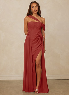 Christian Siriano Bridal for Azazie 1014 Bridesmaid Dresses Terracotta A-Line Off the Shoulder Chiffon Dress image1