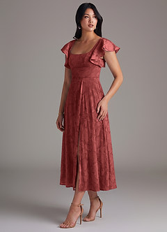 Azazie Bondi Bridesmaid Dresses Terracotta A-Line Ruched Floral Burnout Dress image3