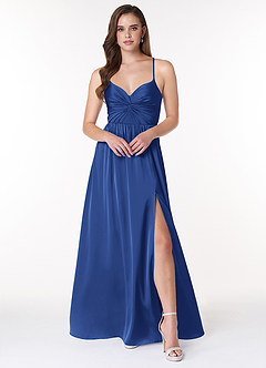 Azazie Raya Bridesmaid Dresses Royal Blue A-Line V-Neck Pleated Stretch Satin Dress image1