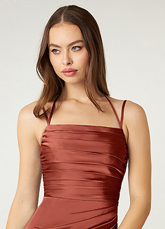 Azazie Desi Bridesmaid Dresses Terracotta Sheath Halter Corset Stretch Satin Dress image6