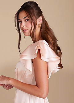 Azazie Daphne Modest Bridesmaid Dresses A-Line Ruched Metallic Satin Floor-Length Dress image5