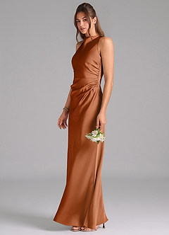 Azazie Evadne Bridesmaid Dresses Copper Sheath Pleated Stretch Satin Dress image1