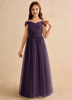 Azazie Yuna Girls Formal vestidos de niña de las flores Vestido de Ciruela de Tul de Corte en A con Vestidos sin tirantes image6