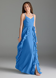 Azazie Peyton Junior A-Linie Kaskadierende Rüschen mit V-Ausschnitt Chiffon Kleid Blauhäher image3