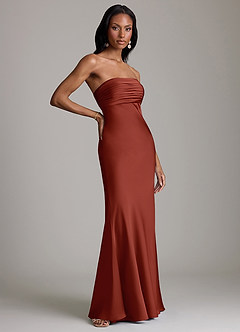 Azazie Saylor Vestidos de damas de honor Vestido de Terracota de Satén Elástico de Corte Sirena con Sin tirantes image4