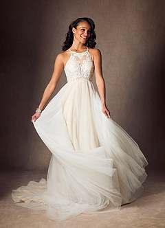 Azazie Odell Robes de mariée Robe Trapèze en Tulle Paillettes dos nu Diamant Blanc Champagne image2