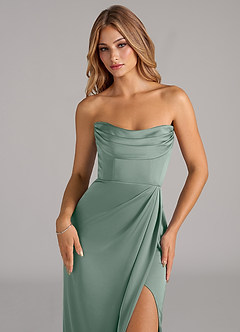 Azazie Johana Robes de demoiselle d'honneur Robe Sirène Convertible en Satin extensible Épaule décolletée Sauge D'argent image2