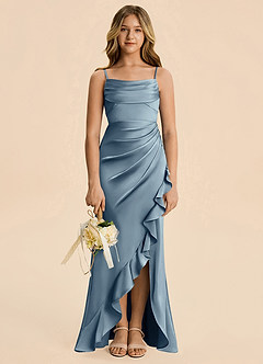 Azazie Mia Junior Robe Sirène en Satin extensible Plissé Bleu Poussiéreux image3