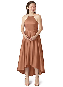 Azazie Jemima Junior A-Linie mit Taschen Stretch-Satin Kleid Bronzer image4