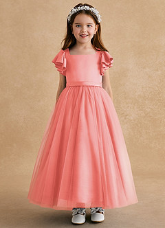 Azazie Suzy Flower Girl Dresses Coral A-Line with Sleeves Tulle Dress image2