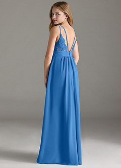 Azazie Maren Allure Junior Robe Trapèze en Mousseline de soie Dentelle Geai Bleu image2