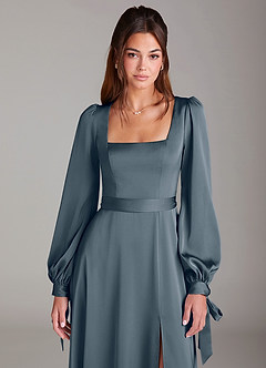 Azazie Leonia Bridesmaid Dresses Twilight A-Line Long Sleeve Stretch Satin Dress image6