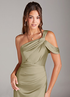 Azazie Wynter Bridesmaid Dresses Moss Green Sheath Off the Shoulder Stretch Satin Dress image5