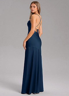 Azazie Grata Bridesmaid Dresses Dark Navy Sheath Side Slit Stretch Satin Dress image7