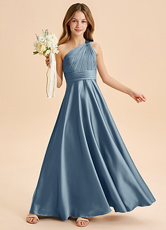 Azazie Charlize Junior Dusty Blue A-Line Pleated Stretch Satin Dress image1