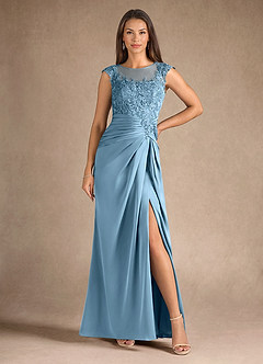 Azazie Santa Barbara Abiti per la Madre della Sposa Abito Tubino in Raso Elasticizzato Plissettato Blu Acciaio image5
