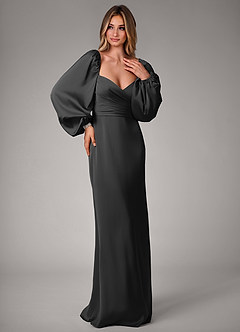 Azazie Sonata Bridesmaid Dresses Black Sheath Long Sleeve Stretch Satin Convertible Dress image4