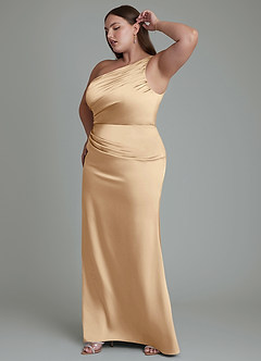 Azazie Akilah Bridesmaid Dresses Champagne Mermaid One Shoulder Stretch Satin Dress image5