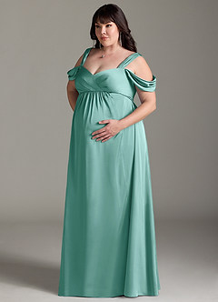 Azazie Rhea vestidos de dama de honor de maternidad Vestido de Corte En A Off The Shoulder Plisado Hasta el suelo Satén Elástico image11