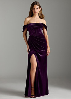 Azazie Amyra Bridesmaid Dresses Grape Sheath Off the Shoulder Velvet Convertible Dress image6