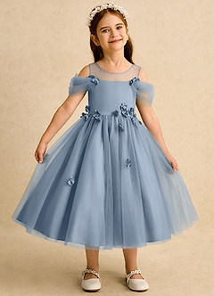 Azazie Juni Flower Girl Dresses Dusty Blue Ball-Gown Pleated Tulle Dress image1