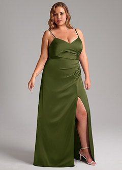 Azazie Azuree Robes de demoiselle d'honneur Robe Trapèze en Satin extensible Plissé Olive Vif image12