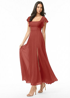 Azazie Bondi Bridesmaid Dresses Terracotta A-Line Ruched Chiffon Dress image3