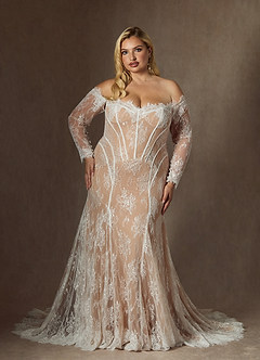 Azazie Katherine Wedding Dresses Diamond White Caramel Mermaid Off the Shoulder Tulle Dress image8