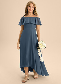 Azazie Maggie Junior A-Linie Schulterfrei Chiffon Kleid Neptunblau image3