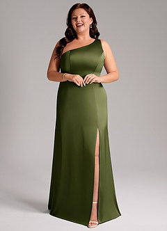 Azazie Phaedra Bridesmaid Dresses Olive A-Line One Shoulder Stretch Satin Dress image13